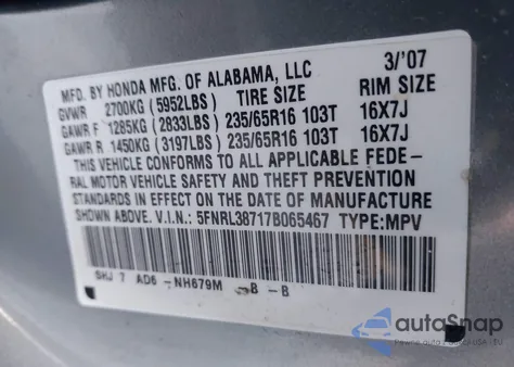 2007 Honda Odyssey Ex-L из США, поврежденный, VIN 5FNRL38717B065467